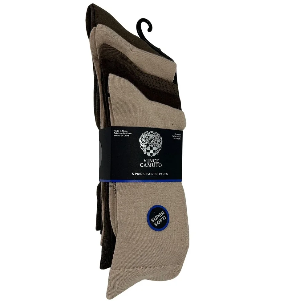 Vince Camuto Mens 5 Pair Pack Dress Socks Tan Brown Khaki Super Soft One Size